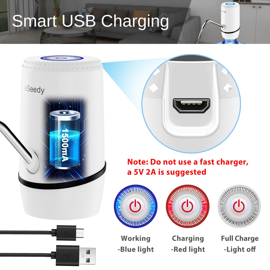 Water Pump for 5 Gallon Bottle, USB Charging Automatic Water Dispenser with Rechargeable Battery, Portable Electric Drinking Water Jug Pump for Home, Kitchen, Living Room, Office, Camping - Black