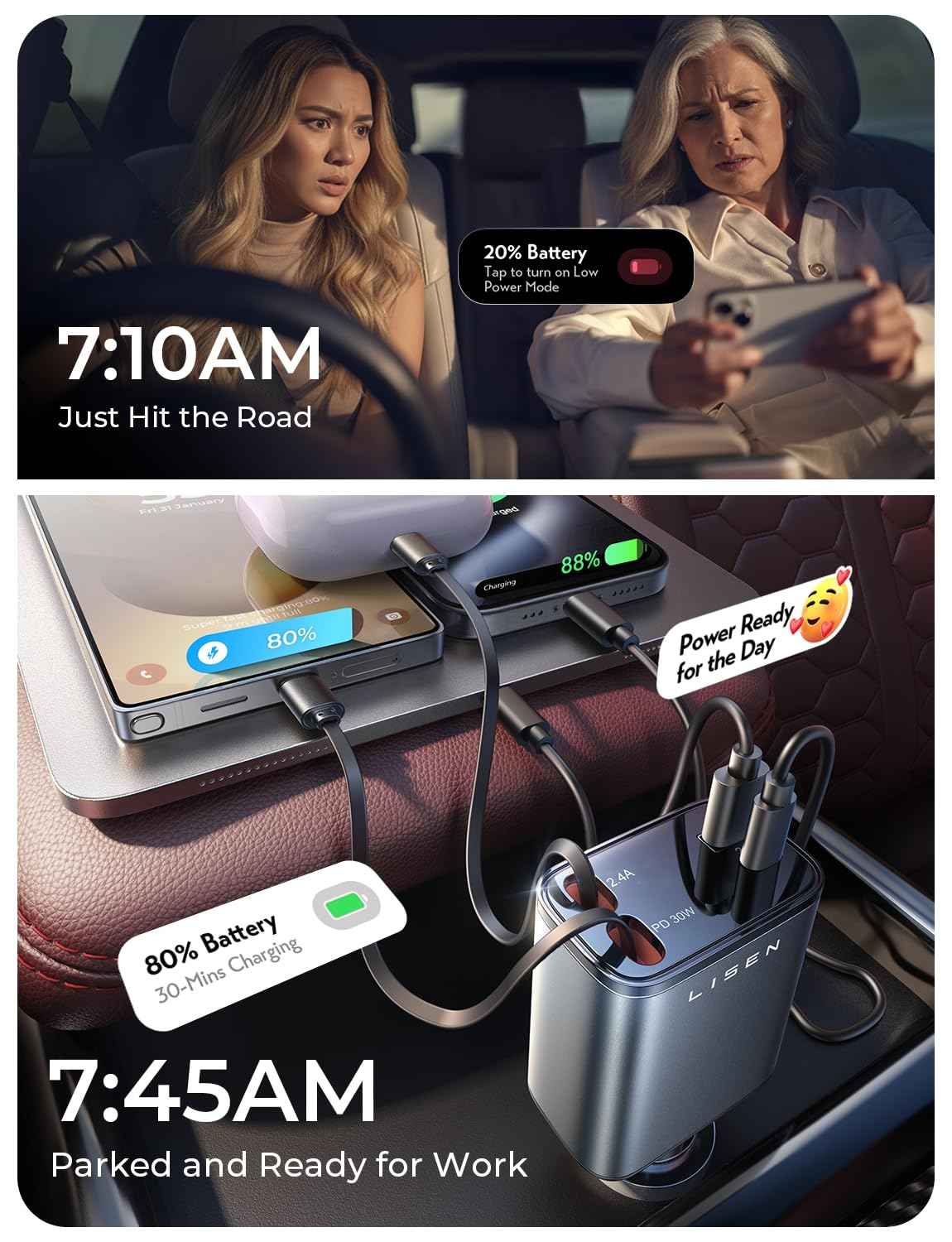 LISEN Retractable Car Charger, Gifts for Mothers Day 2026, 84W Car Charger USB C Fast Charge, Gifts for Mom Dad Him Her, Travel Essentials Car Accessories for Men Women Gifts for iPhone 17 16 15 14 13