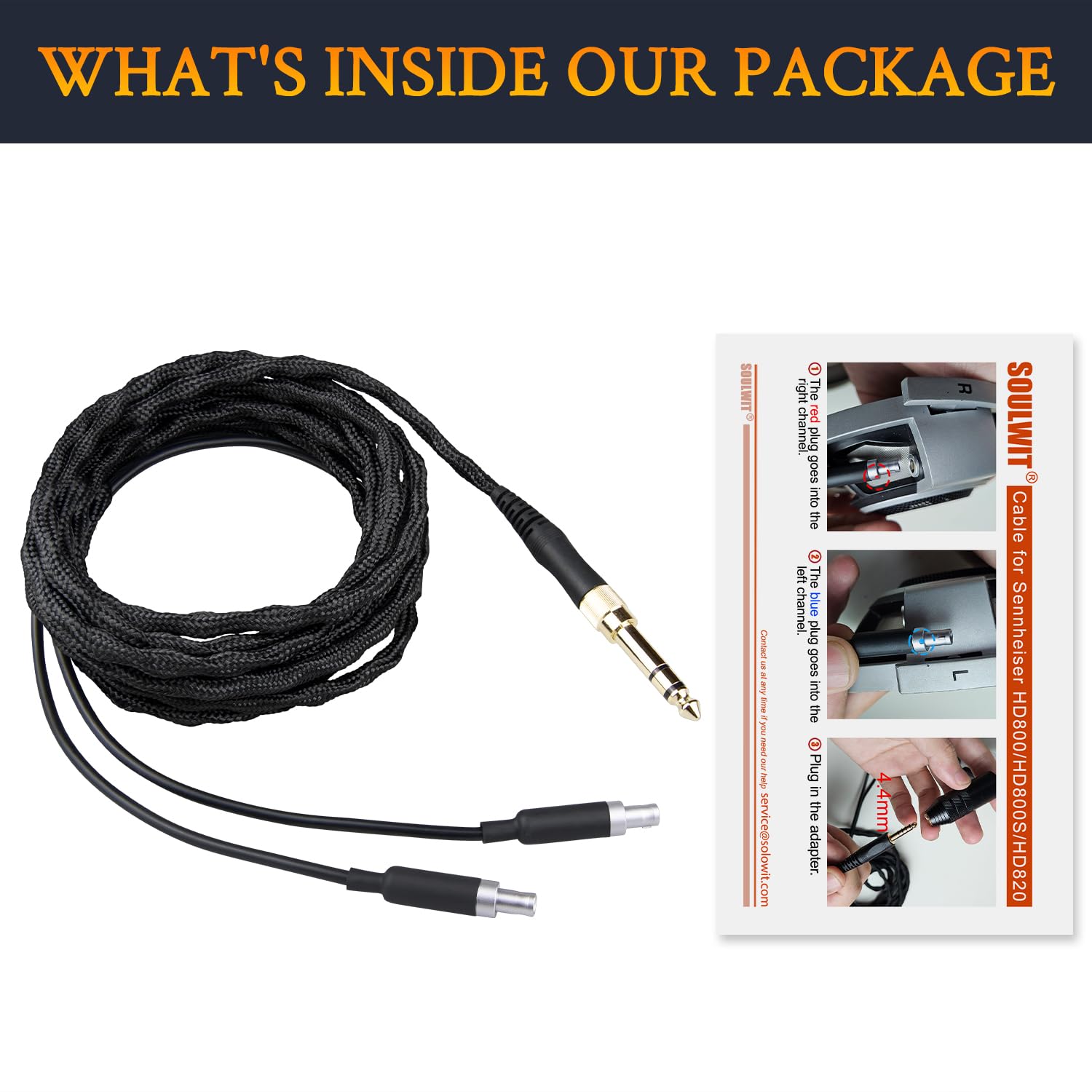 SOULWIT Headphone Cable for Sennheiser HD800/HD800S/HD820, Nylon Braided Audio Cable Replacement, 6N OCC + Silver-Plated OCC, 3 m/10 ft, 3.5 mm Plug & 6.35 mm Adapter