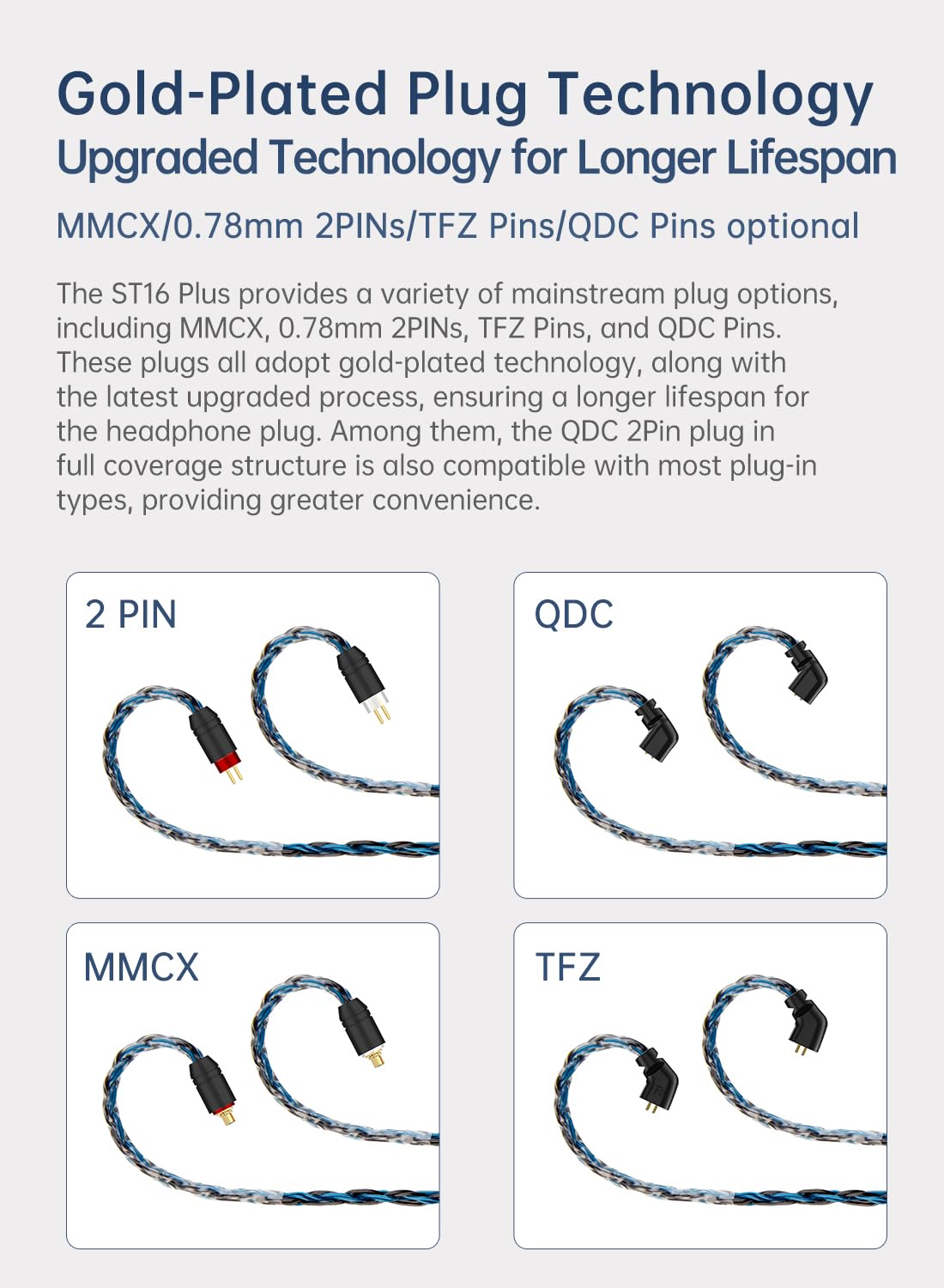 KBEAR ST16 Plus Long IEMs Earphone Cable with QDC-Type Pin for KZ ZSN/ZSN PRO /EDX PRO/ZS10 PRO/ZSN PRO X/ZS12 PRO X/ZSX/ZAS/ZVX/AS16/ZAR/DQS/ASX/D-Fi/Castor/PR2/PR3/ZEX CCA CRA/C12/C10PRO (QDC 3.5MM)