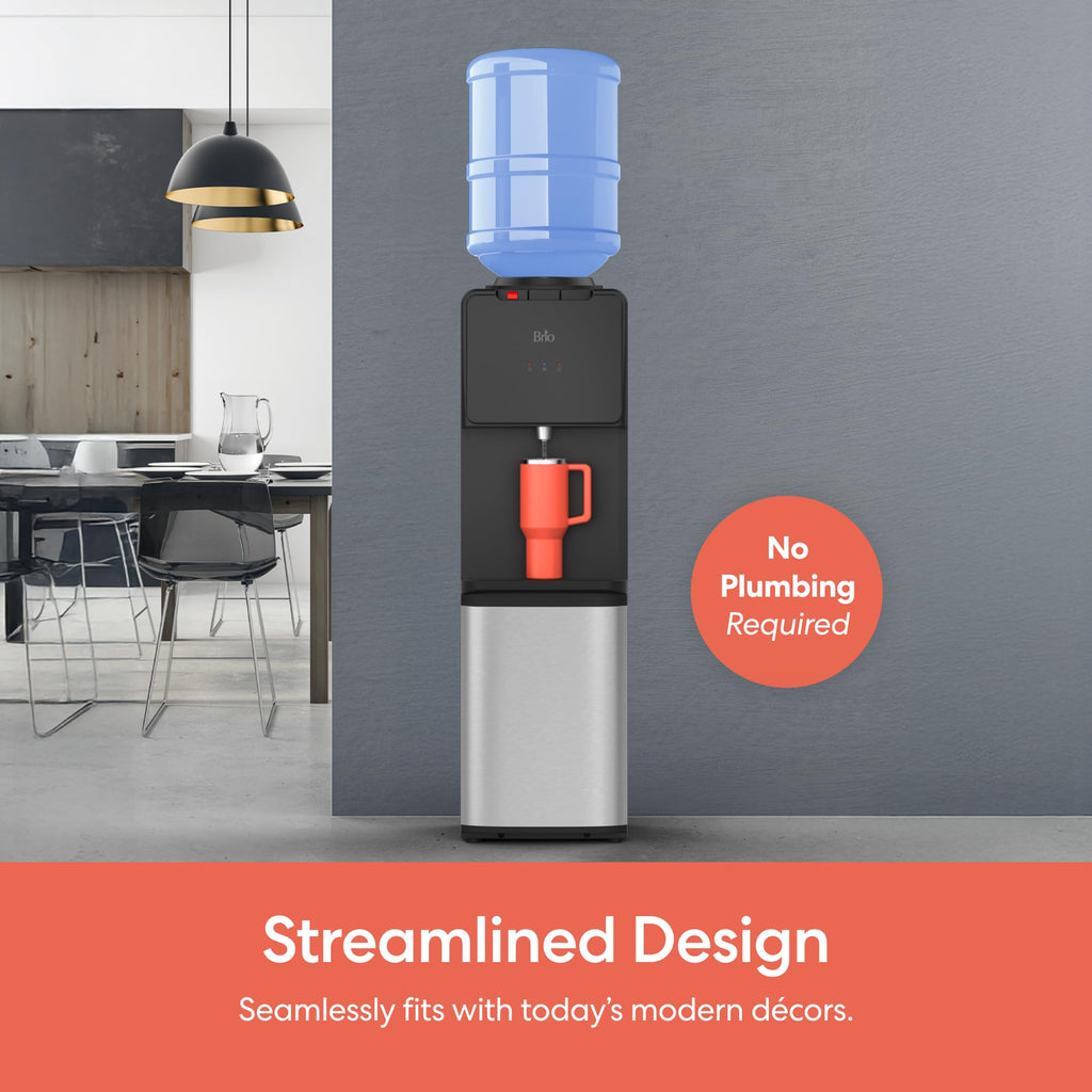 Brio 130 Series Top-Load Water Cooler Dispenser for 3- and 5-Gallon Bottles, Hot & Cold, Spill-Free Loading, Child Safety Lock, Energy Star 3.0, Black