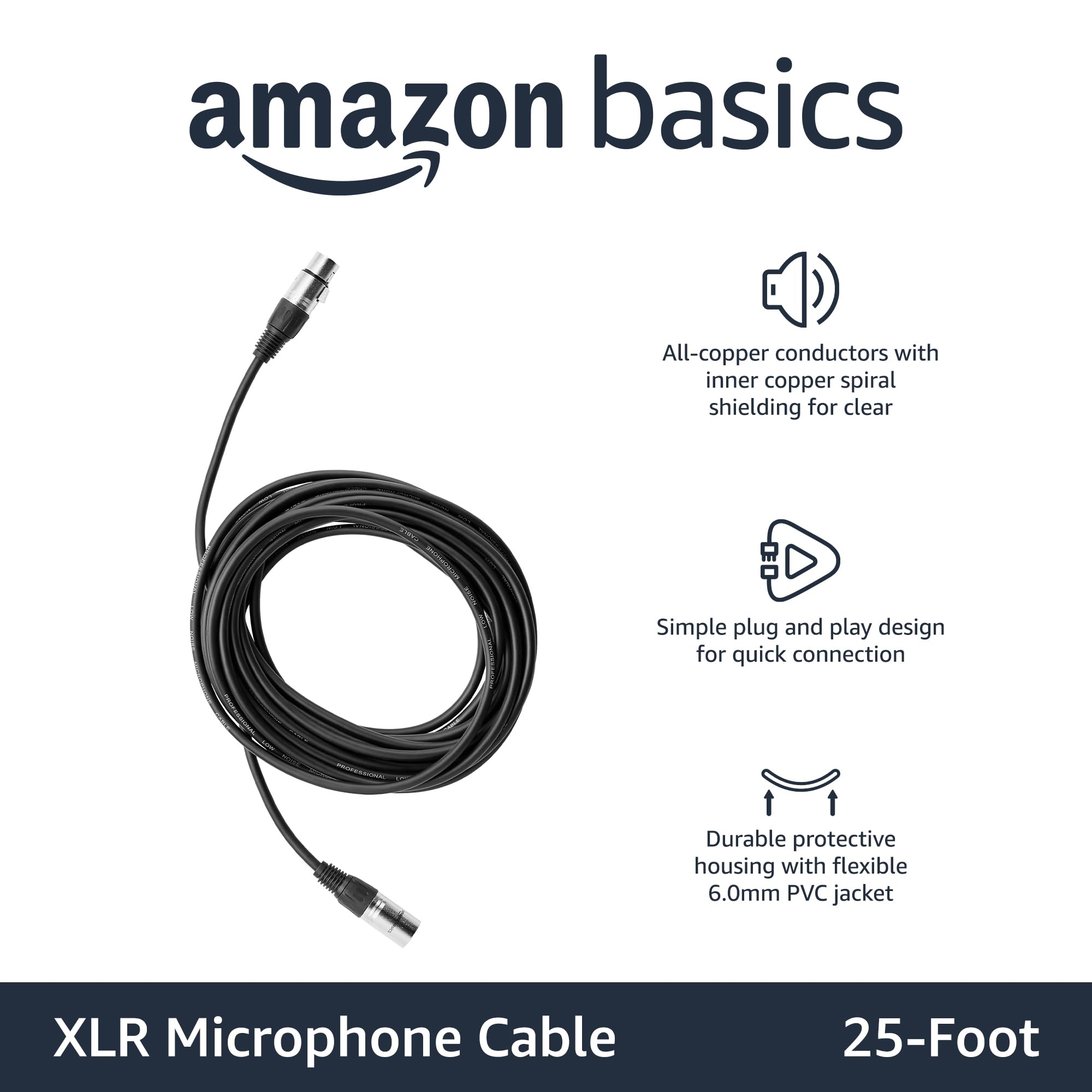 Amazon Basics XLR Male to Female Microphone Cable for Speaker or PA System, Recording Studio, All Copper Conductors, Low Noise Shielding, 6MM PVC Jacket, 6 Foot, Black