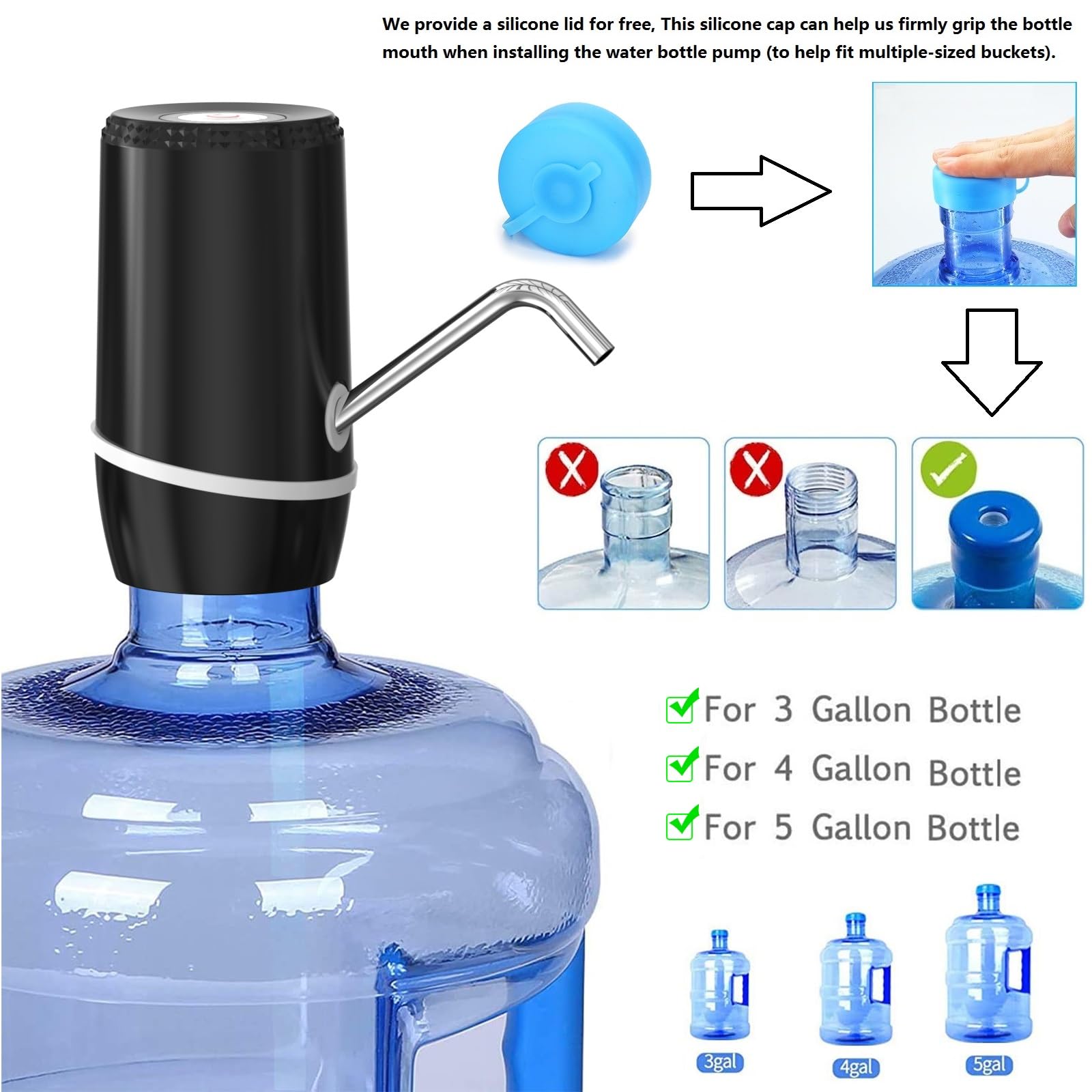 Myvision 2 Pack Electric Portable 5 Gallon Water Dispenser, Universal Micro USB Charging Water Bottle Pump, 3-5 Gallon Jug Water Dispenser with Silicone Cap (2pcs Mode 9)
