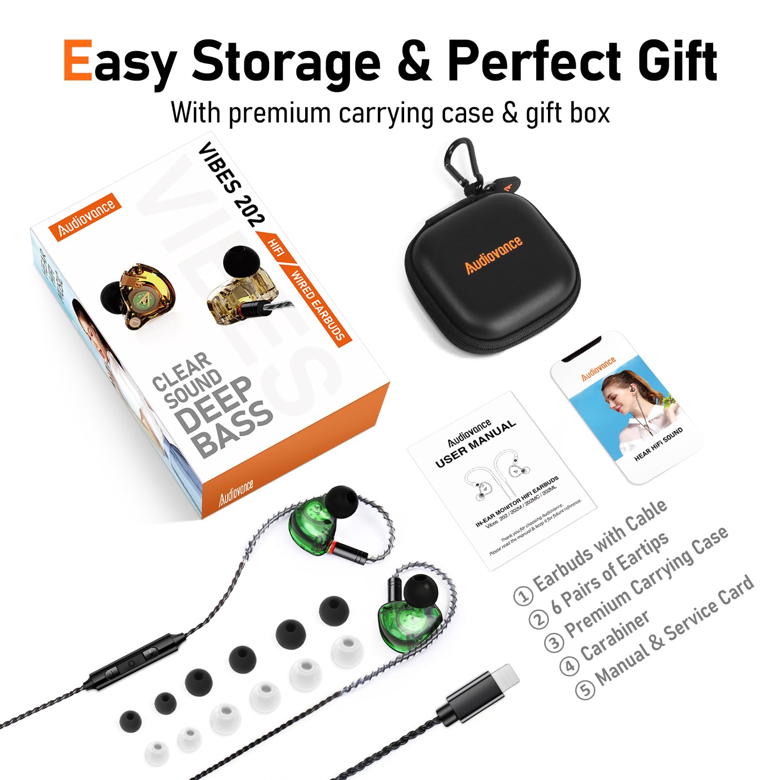 Vibes 202MC USB-C Wired Earbuds - USBC HiFi in Ear Headphones for iPhone 17/16/15 - Noise Isolating Ear Buds w/ Mic - Clear Sound, Deep Bass & Comfort-Fit Earphones - Silver Plated Cord, Carrying Case