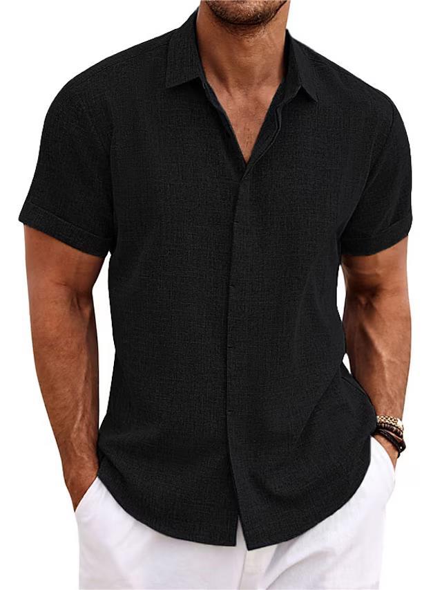 Men's black linen short-sleeve button-front shirt, collared