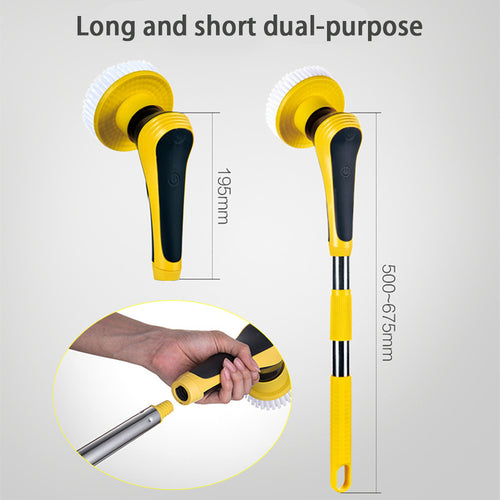 Electric cleaning brush with two brush lengths and yellow pole, dual-purpose heads