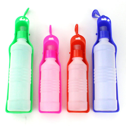 Set of 4 pet water bottles in green, pink, red, and blue.