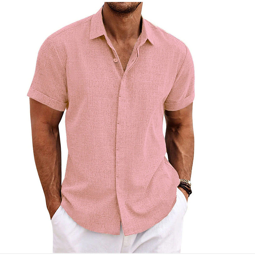 Men's linen short-sleeve shirt in dusty pink, button-front with pointed collar