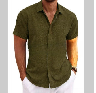 Men's linen short-sleeve shirt in olive green, button-front with pointed collar