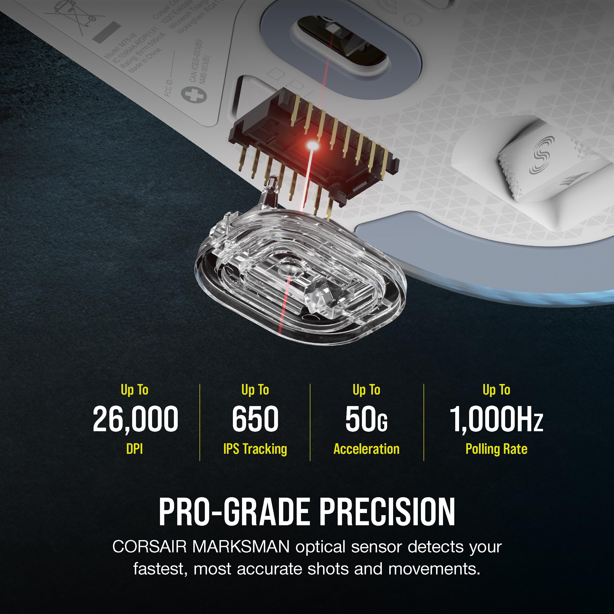 Corsair M75 Wireless Gaming Mouse - 26,000 DPI, Lightweight FPS Design, Swappable Side Buttons, iCUE Compatible, Black