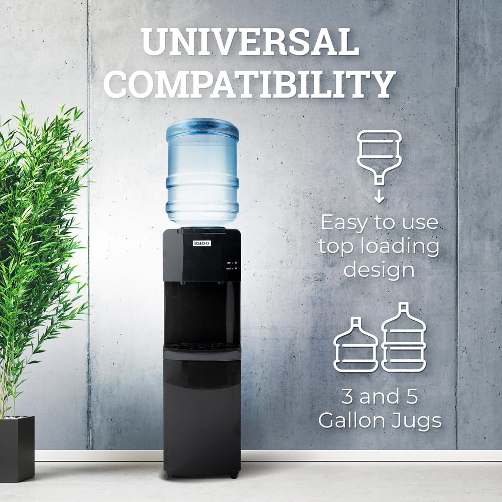 Igloo Top Loading Water Cooler with Removable Drip Tray & Energy-Saving Features- Water Tower with Hot & Cold Temperature Settings- Water Dispenser Fits 3 & 5-Gallon Jugs with Child Safety Lock- White