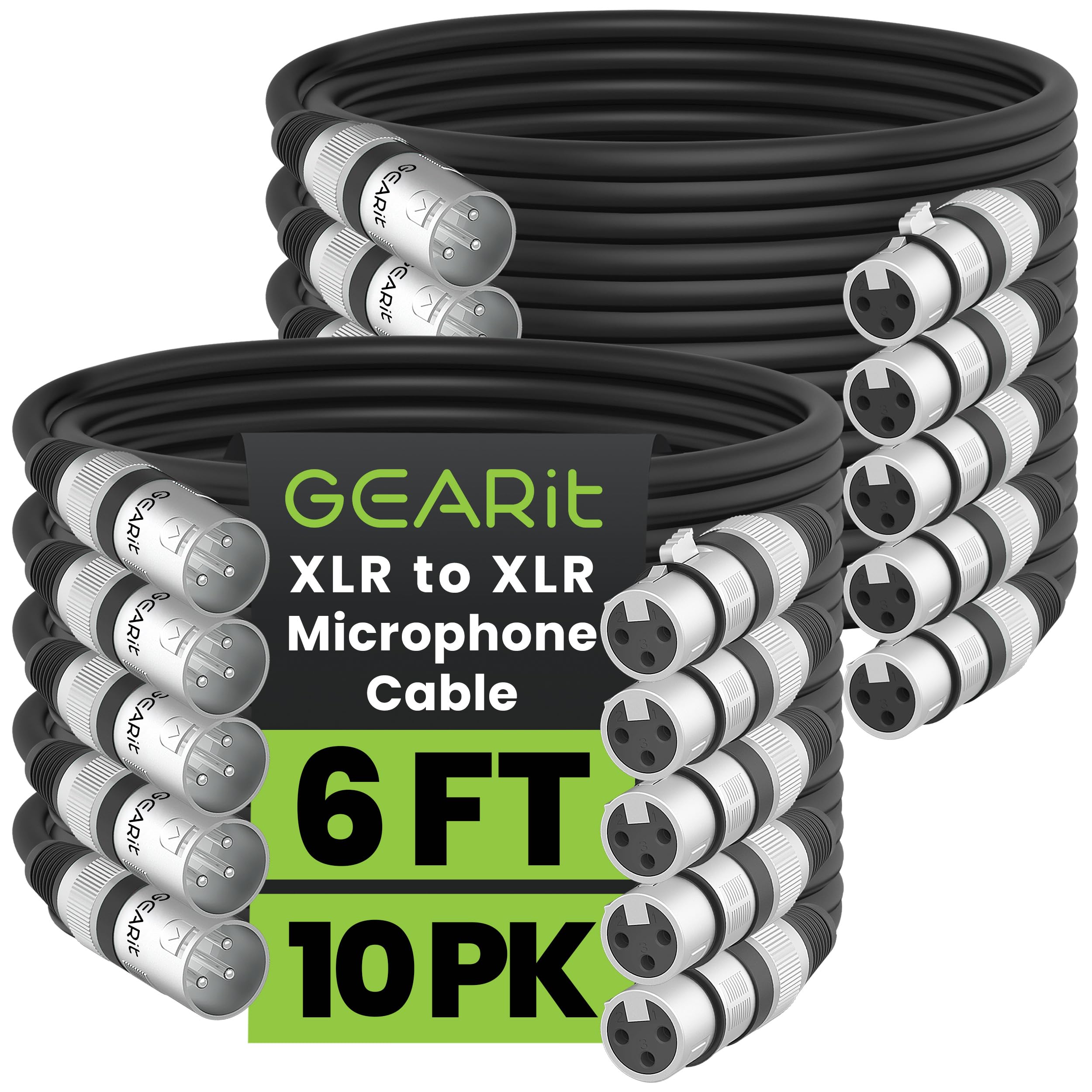 GEARit XLR Cables 20 ft 6 Pack, XLR Male to Female Microphone Cable, Balanced Shielded Mic Cable with Copper Conductors for Recording Studio, Podcast Setup, Stage Audio, Live Sound