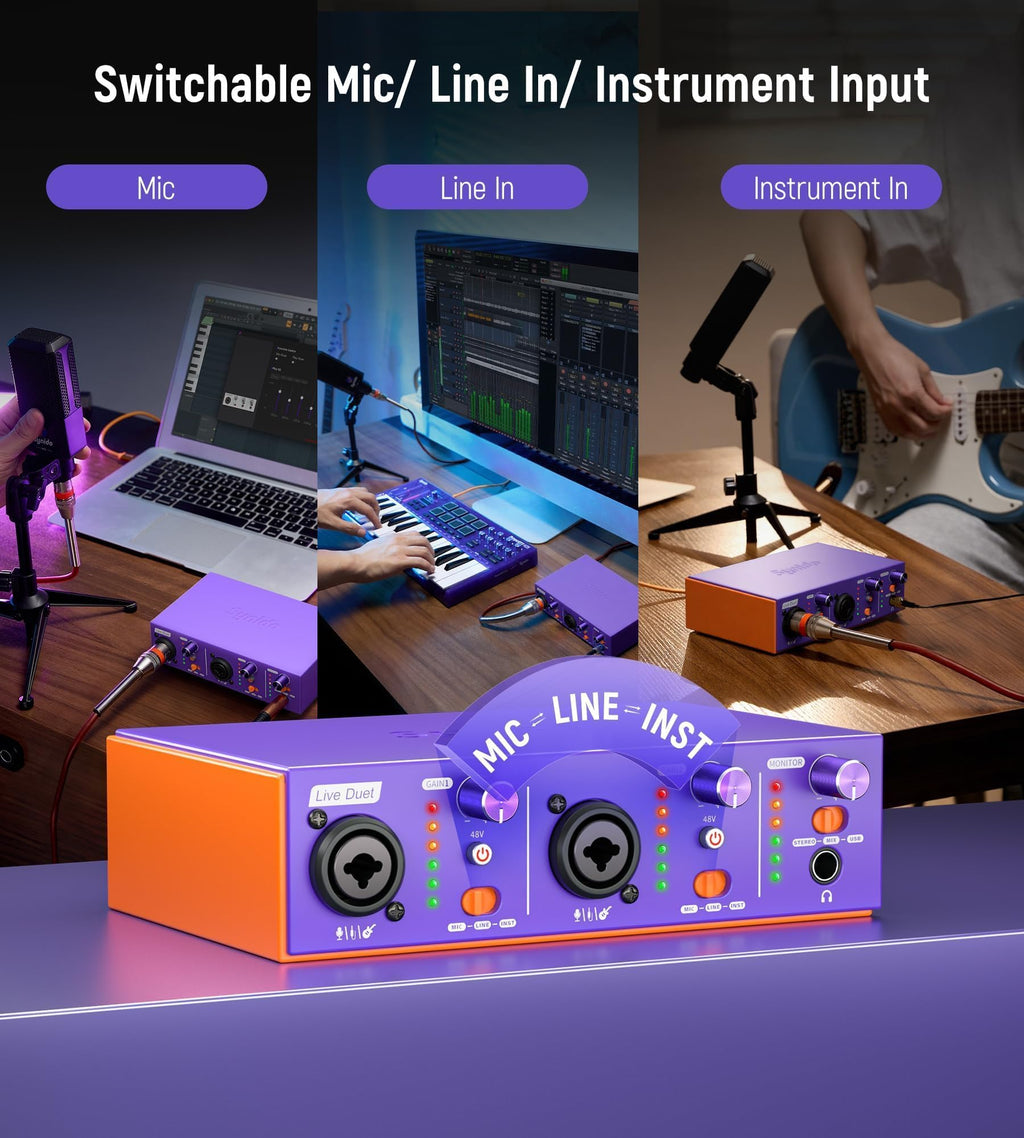 Synido USB C Audio Interface for Recording Music, Streaming, Podcasting with XLR, Line Input, 24bit/48kHz, 48V Phantom Power, 2-channel, Silver