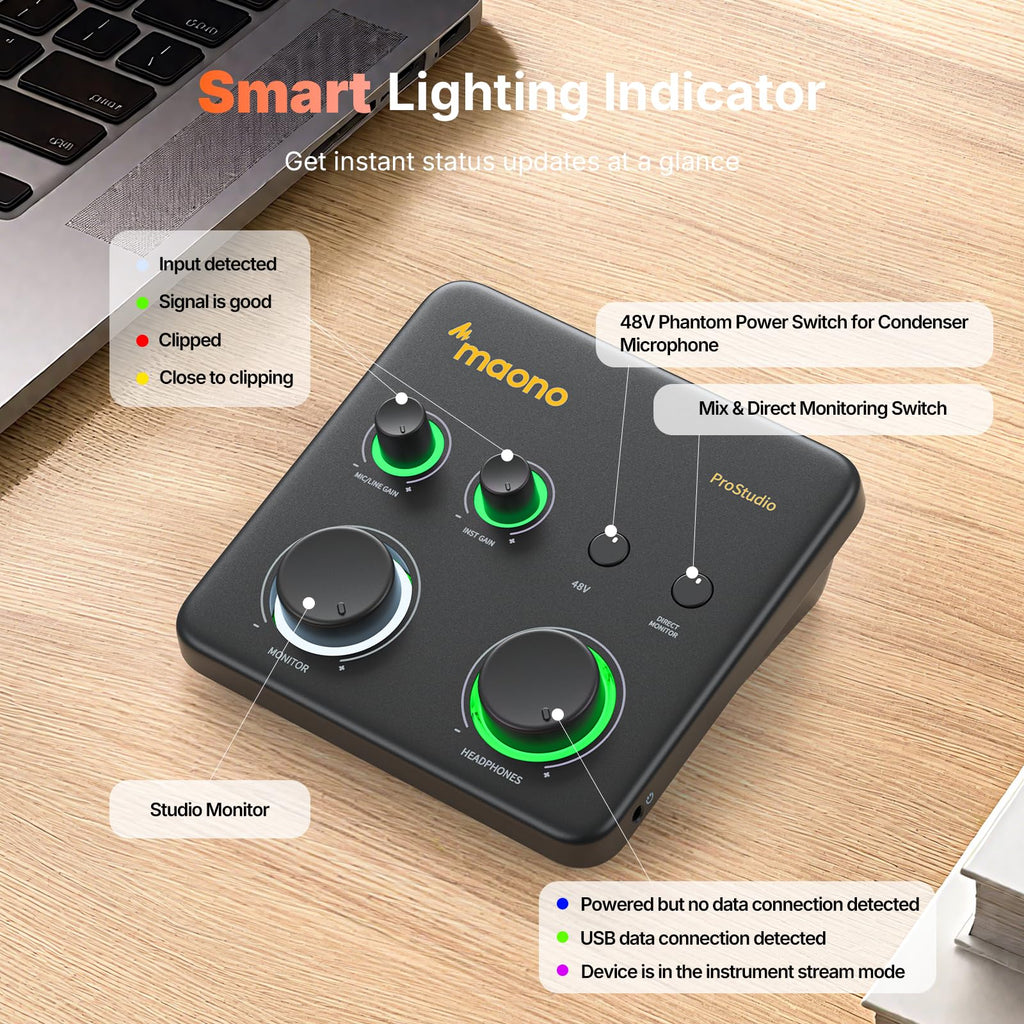 MAONO USB Audio Interface for PC: Interface with XLR Input 24-bit/192kHz Routing Software LOOPBACK ASIO Driver for Recording Music, Home-Studio, Guitar, Podcast, Streaming, DAW(PS22 Lite Black)