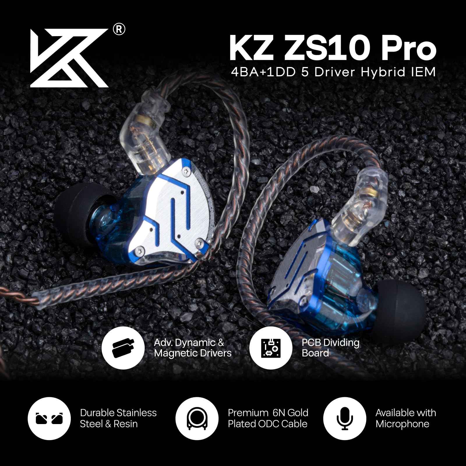 Linsoul KZ ZS10 Pro, 4BA+1DD 5 Driver in Ear Monitor, HiFi Wired Earbuds, Gaming Earbuds, Hybrid IEM Earphones with Stainless Steel Faceplate, Detachable Cable for Musician(Without Mic, Dark Black)