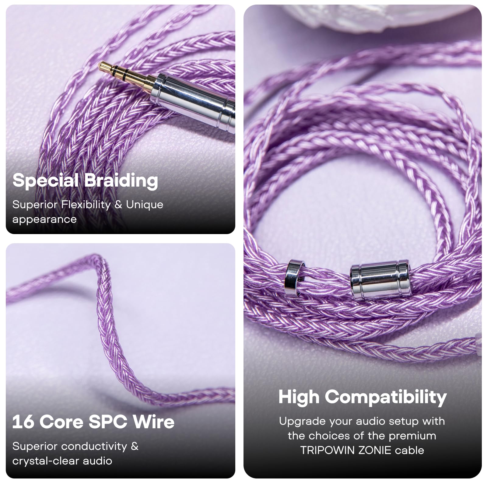 Linsoul Tripowin Zonie IEM Cable, 16 Core Silver Plated Earphone Upgraded Cords, 1.25m SPC in Ear Monitor Cable for 7hz Zero:2 Orchestra Lite Cadenza Hype4 Supermix4(2pin 0.78mm, 4.4mm)(Grey)