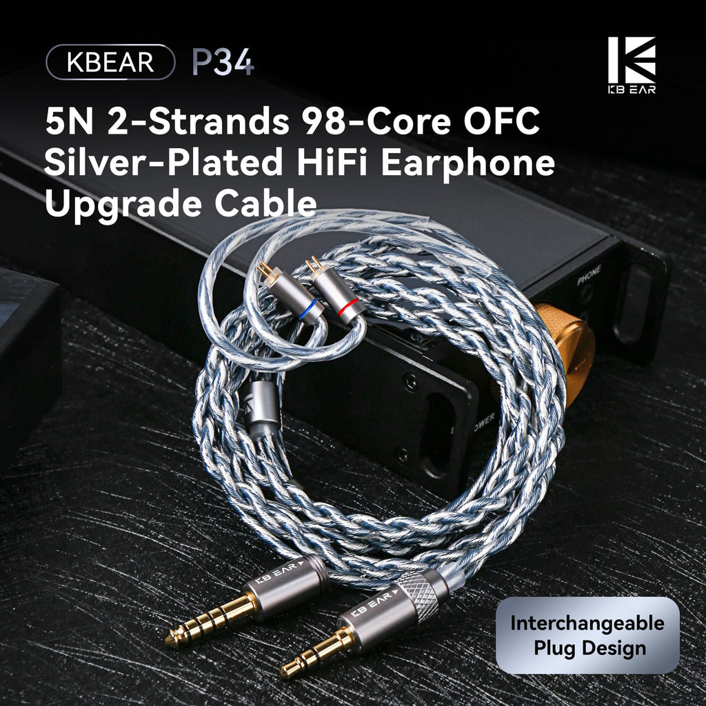 KBEAR P34 IEM Cable, 5N 2-Strands 98-Core OFC Silver-Plated HiFi Earphone Upgrade 2Pin Cable, Interchangeable 3.5mm/4.4mm Plug, in Ear Monitors Headphones Replacement Wire for Audiophile Musician
