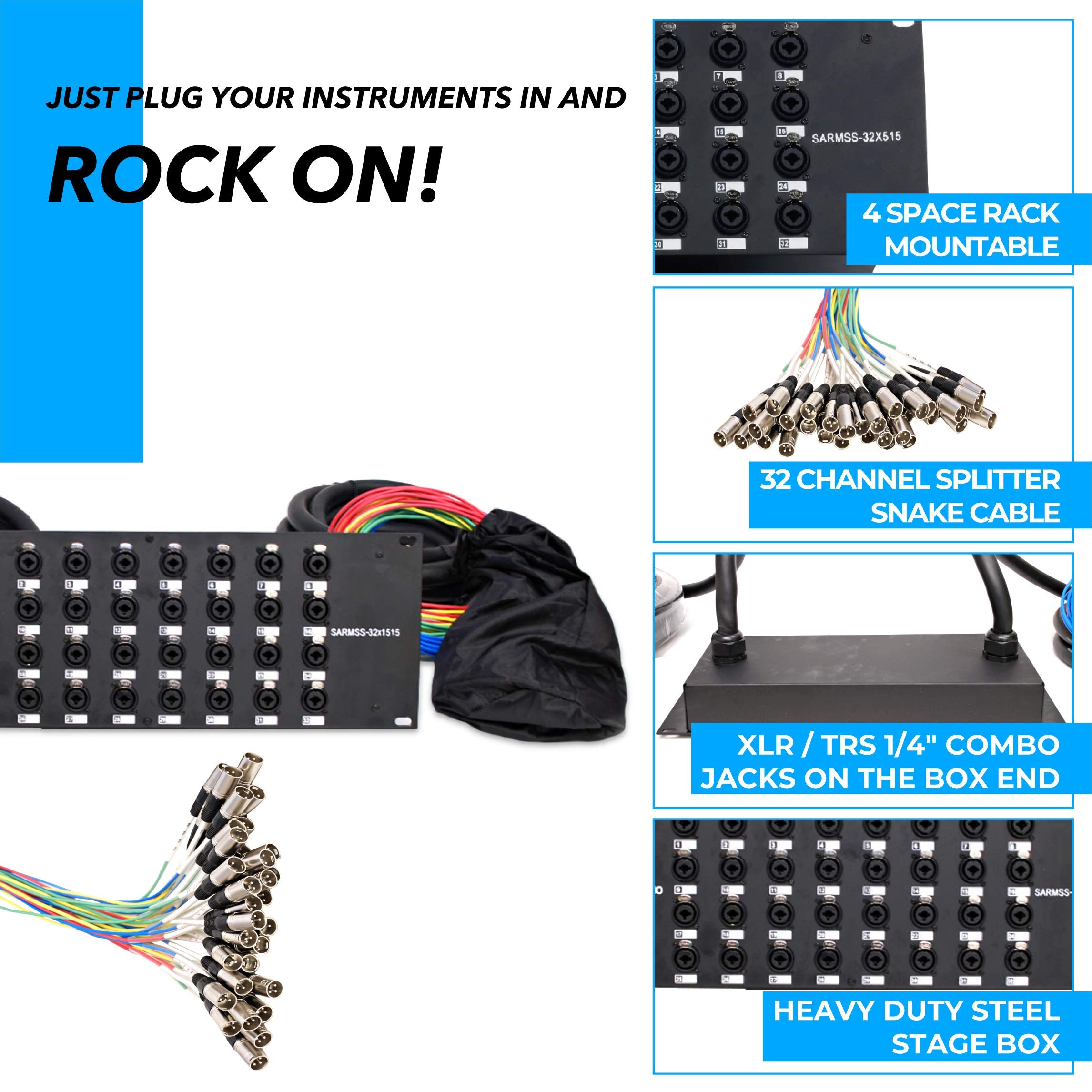 Seismic Audio SARMSS-16x515 Rack Mount 16 Channel XLR TRS Combo Splitter Snake Cable - 5' & 15' XLR trunks
