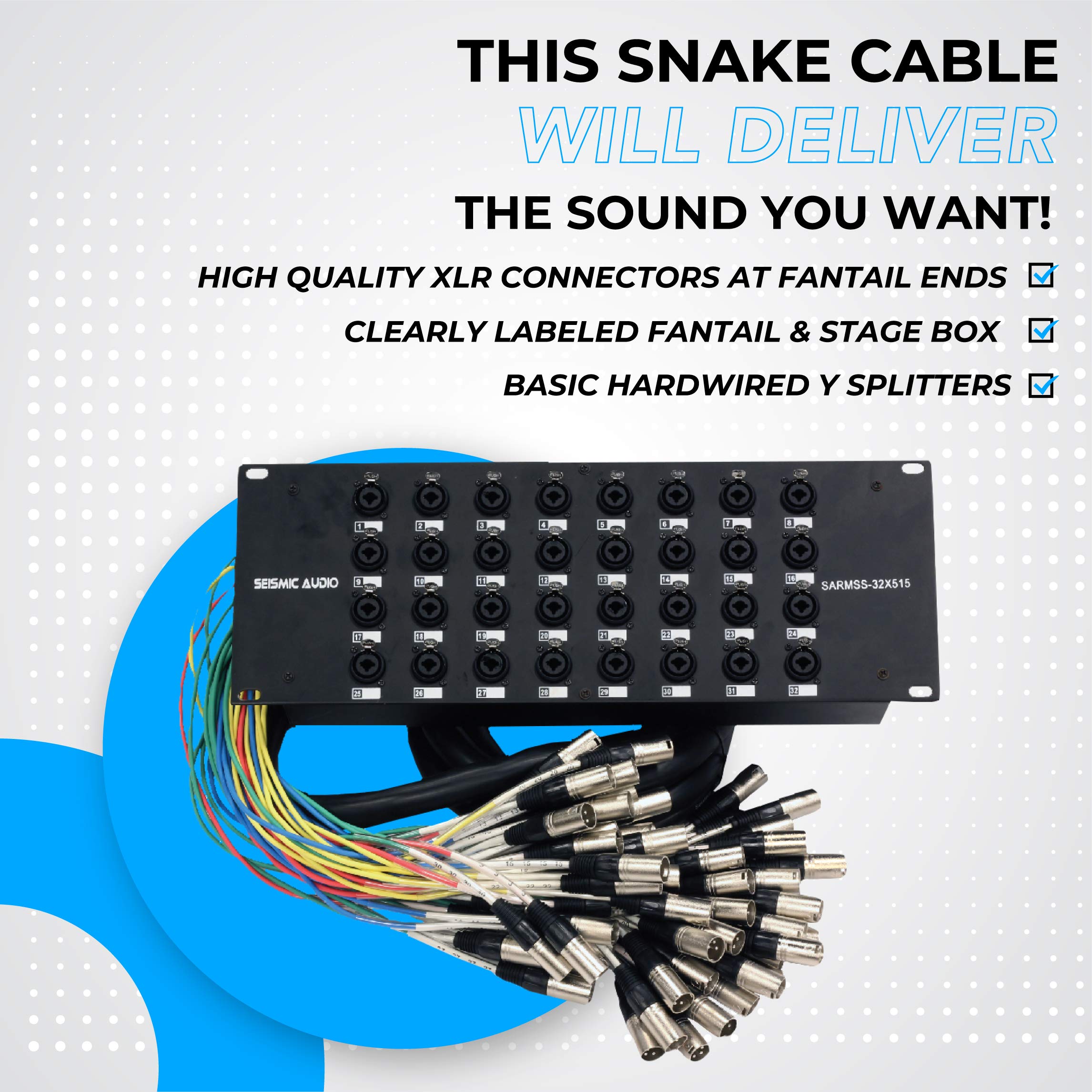 Seismic Audio SARMSS-16x515 Rack Mount 16 Channel XLR TRS Combo Splitter Snake Cable - 5' & 15' XLR trunks