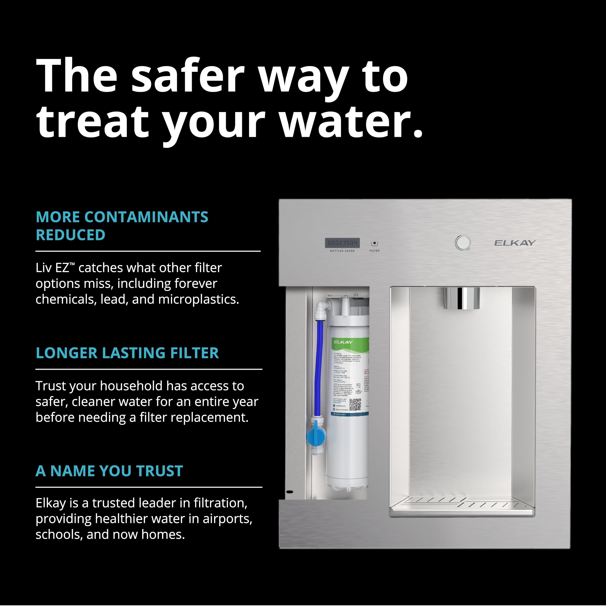 Elkay Liv EZ Built-in Filtered Wall-Mount Water Dispenser – Battery Powered, NSF Certified, Push Button, Reduces Lead & PFAS, Steel Gray – Ideal for Home