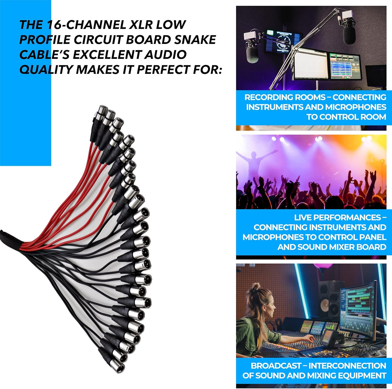 Seismic Audio Altavoces de 16 canales de bajo perfil XLR Enviar placa de circuito Cable de serpiente, cable divisor XLR, 100 pies