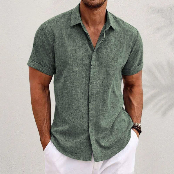 Men's linen short-sleeve shirt in dark green, button-front with pointed collar
