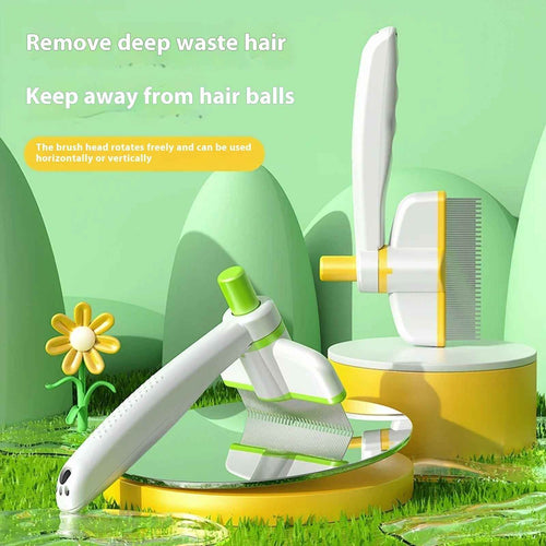 Pet self-cleaning grooming comb brush with rotating comb head, white body and yellow-green pins
