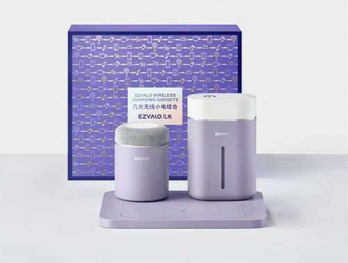 Wireless charging night light speaker set: two cylindrical speakers on base, light grey
