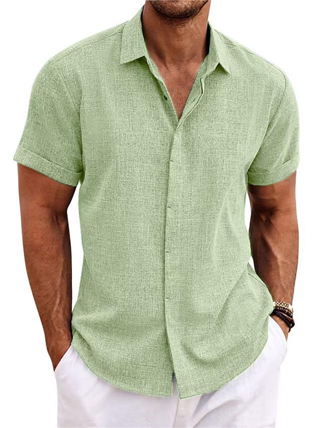 Men's linen short-sleeve shirt in sage green, button-front with pointed collar