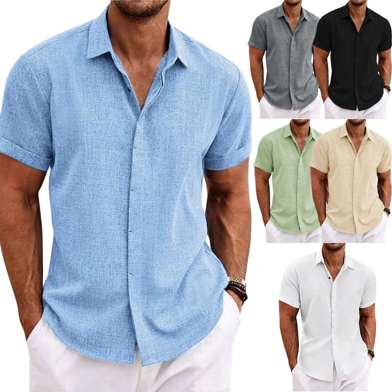 Men's blue linen short-sleeve button-front shirt, collared