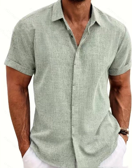 Men's linen short-sleeve shirt in light mint green, button-front with pointed collar