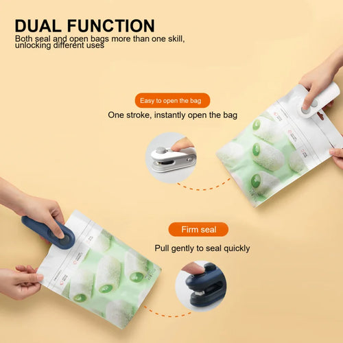 Handheld heat sealer sealing snack bag; dual function opener and firm seal
