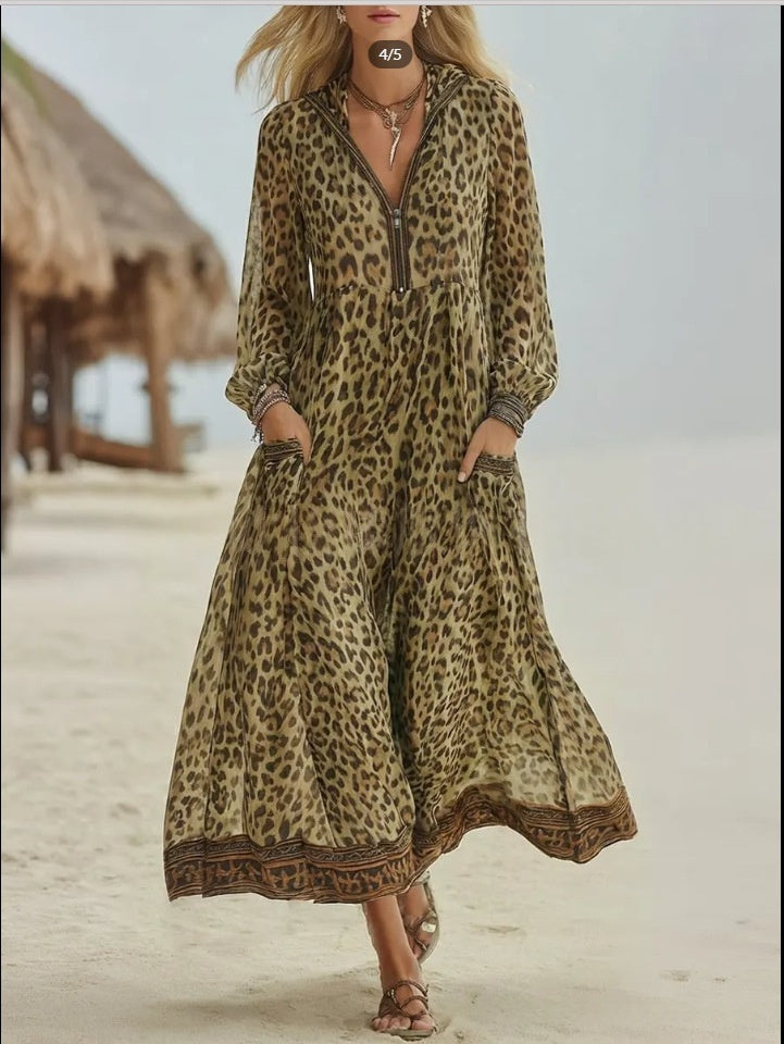 Retro Casual Leopard-Print Hooded Maxi Dress