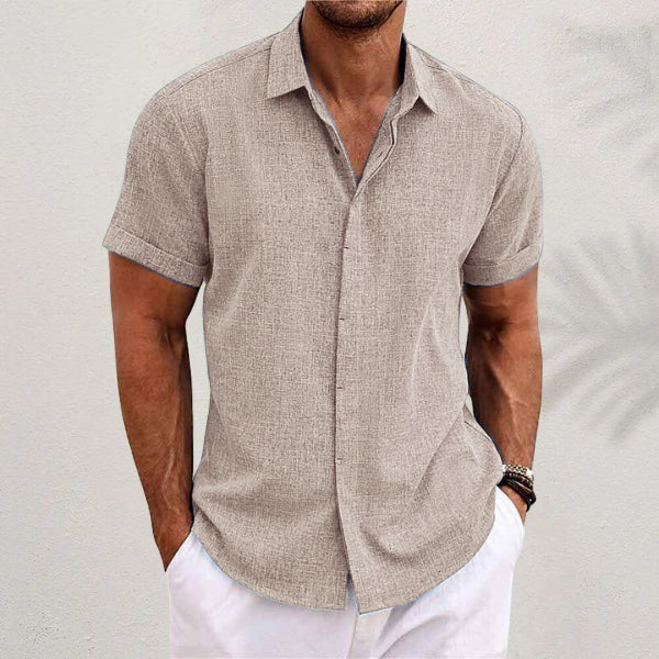 Men's linen short-sleeve shirt in beige, button-front with pointed collar