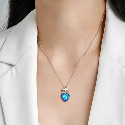 Sterling silver heart pendant necklace on chain with blue faceted heart and pink top