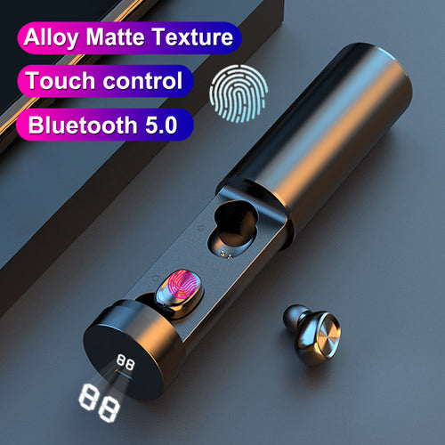 Black Bluetooth wireless earbuds with charging case and in-ear buds, close view