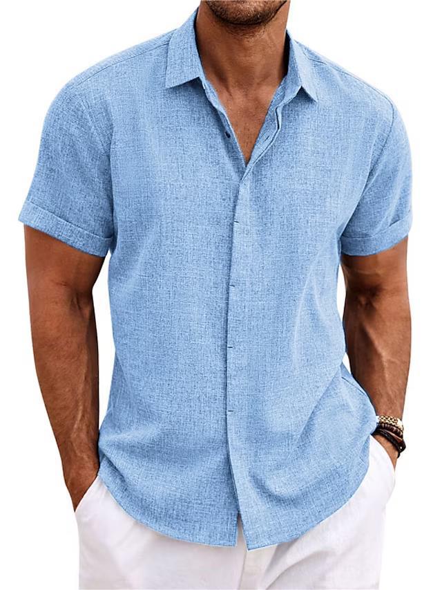 Men's light blue linen short-sleeve button-front shirt, collared