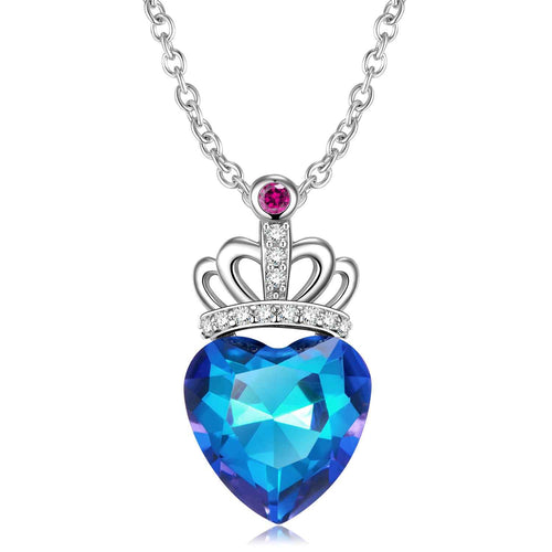 Sterling silver heart pendant necklace with blue faceted stone and pink crown detail