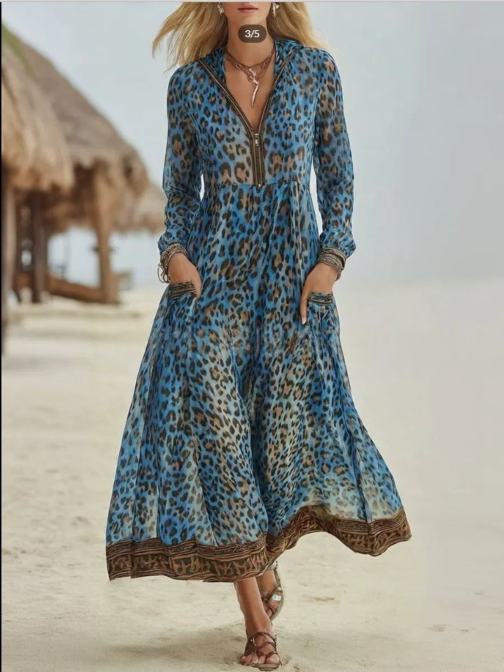 Retro Casual Leopard-Print Hooded Maxi Dress
