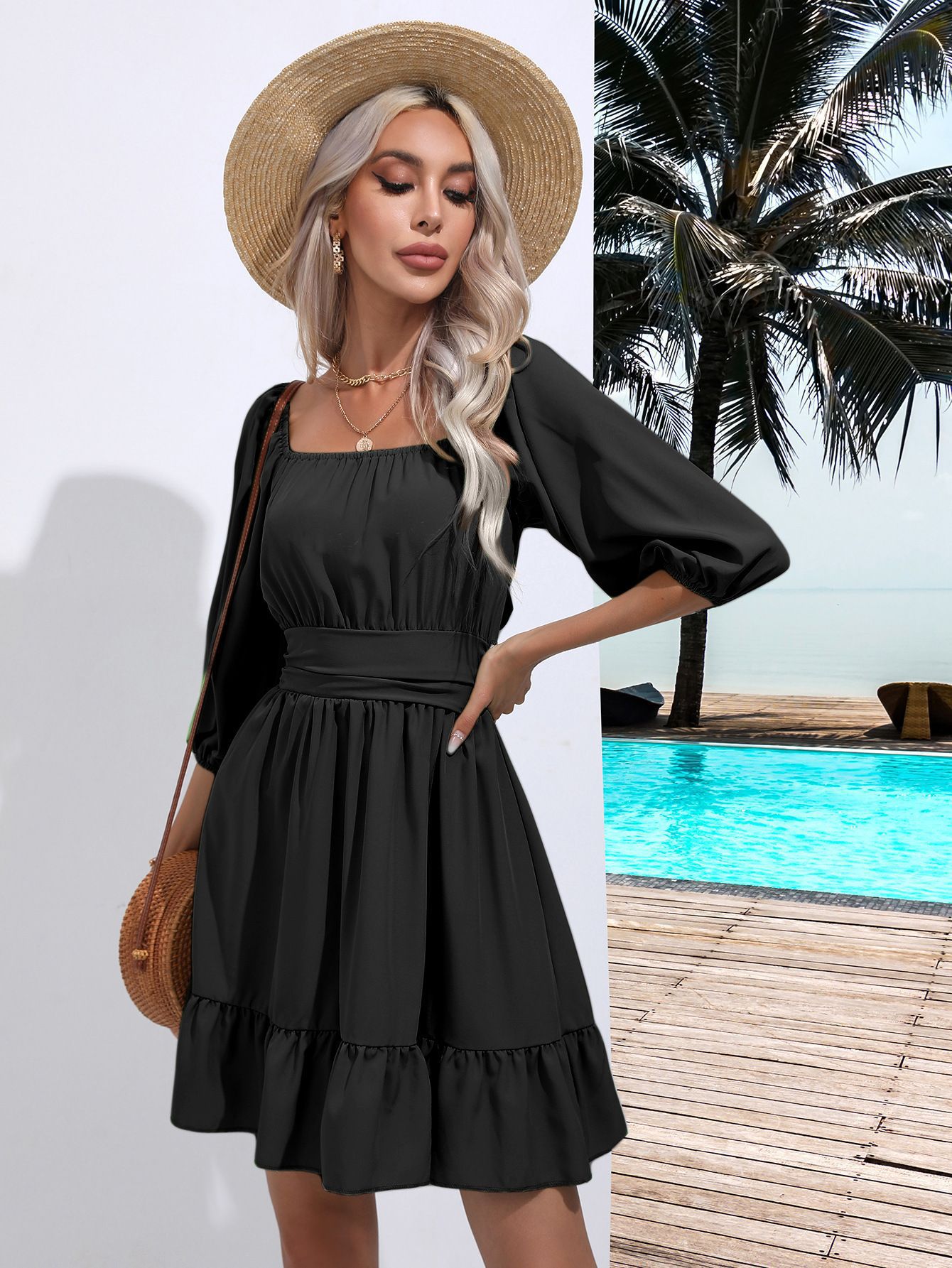 Women's Ruffle-trimmed Square-neck Lace-up Dress