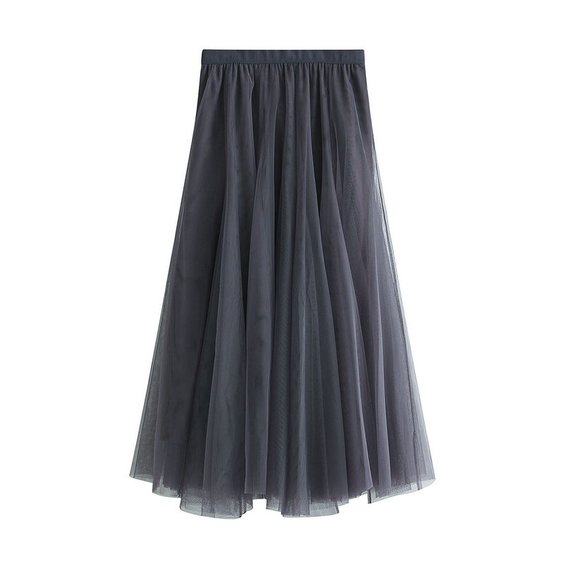 New Autumn And Winter High Waist Mid-length Tulle Skirt Pleated Skirt