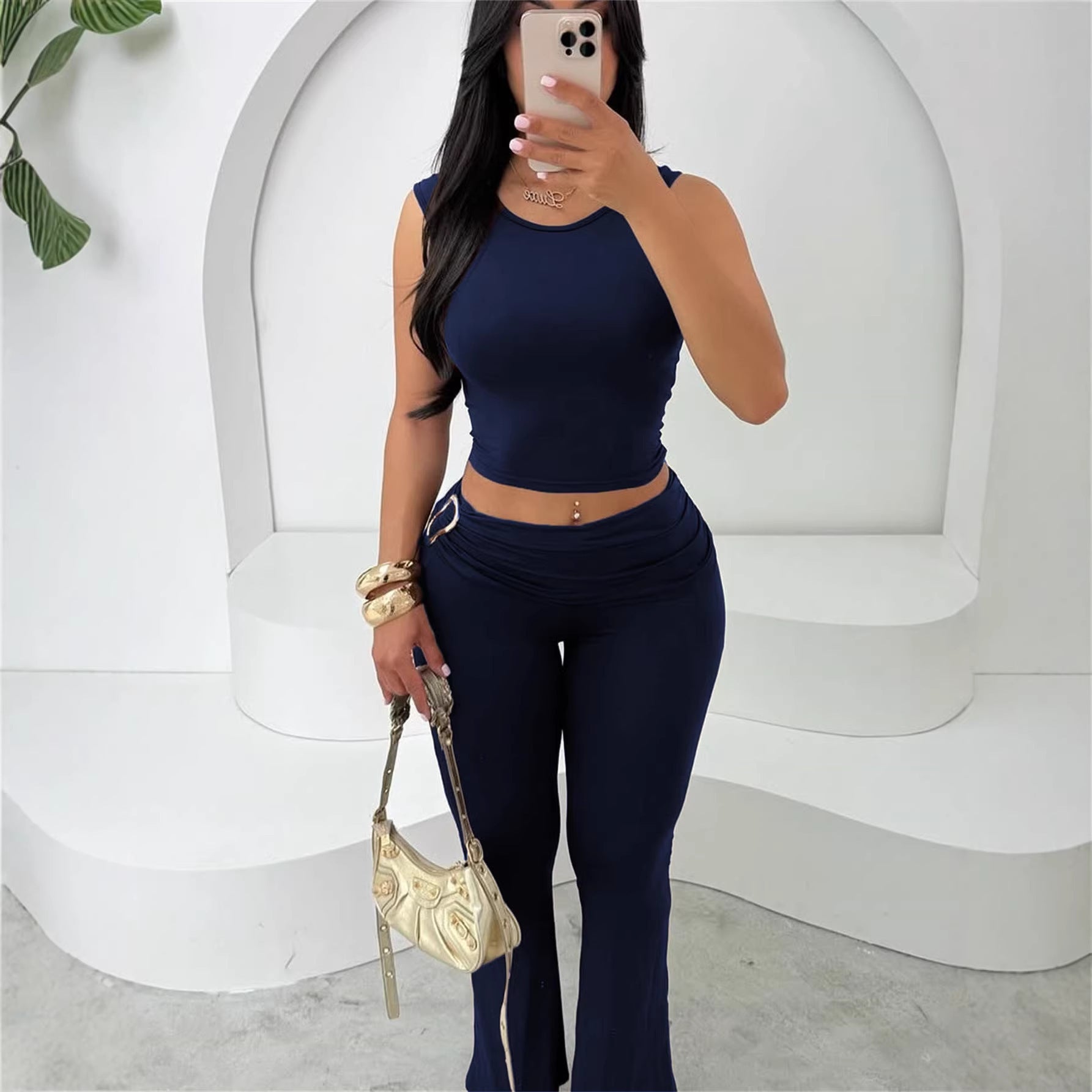 Womens Solid-Colored Sleeveless Top And Bodycon Hip-Hugging Pants Set